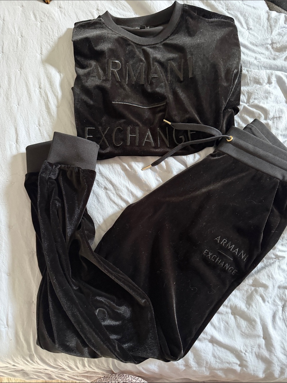 Armani Exchange Black Velour Jogger Set - Logo Detail